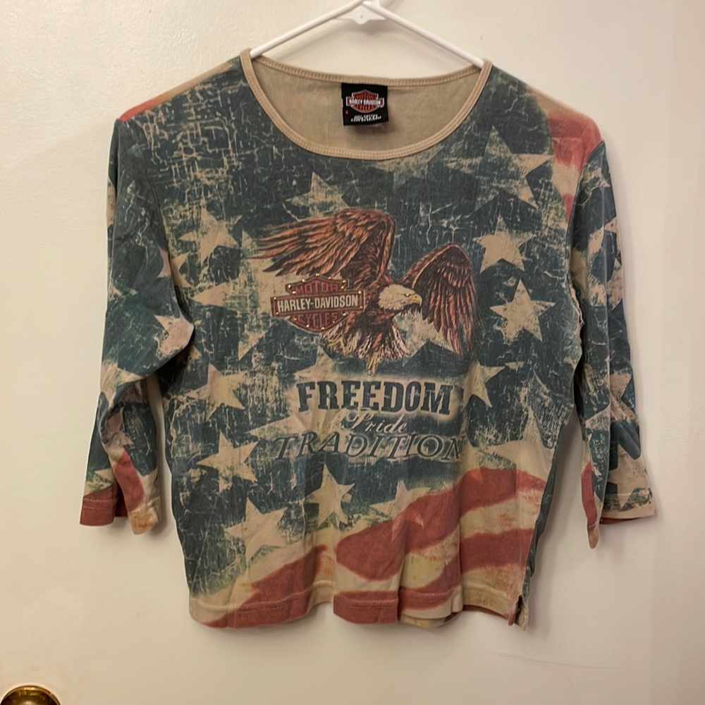 Harley Davidson Women’s Shirt Eagle/Flag Size Small Vintage